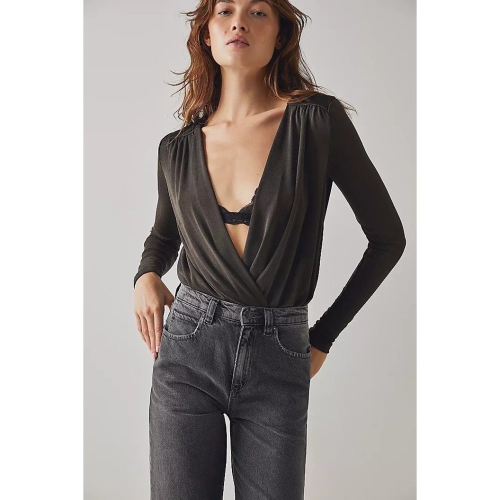 Free People Turnt Bodysuit Long Sleeve Black Sz-L